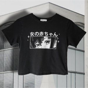 Anime Black Slightly Cropped T-shirt by Philosophy of Love sz XS